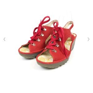 Fly London Red Lace-up Wedge Sandals size 7.5 (38) NWT